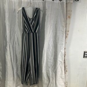 No Boundaries Black and White Striped Jumpsuit with V-Neck